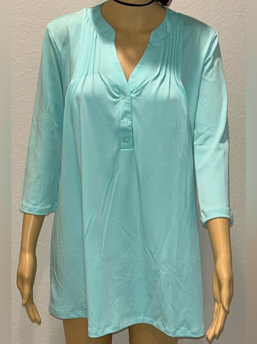 LARA Light Aqua Pleated V-Neck Tunic
